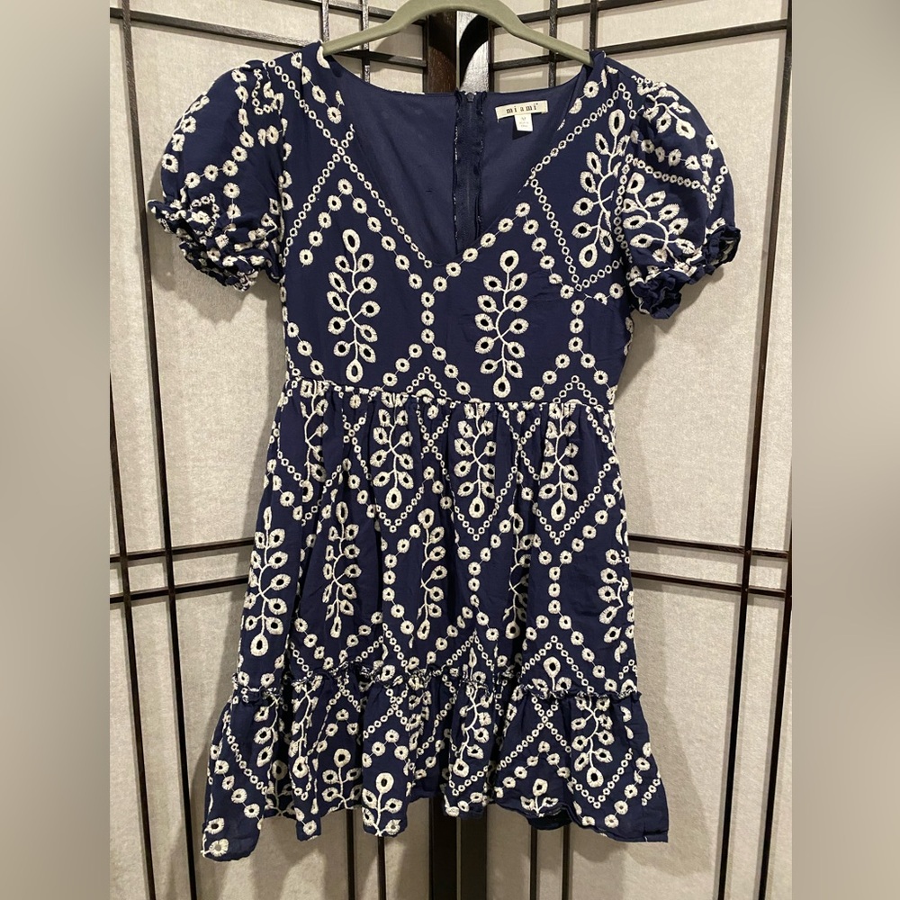 Mi ami Navy and White Embroidered Baby Doll Mini Dress - Picture 2 of 11